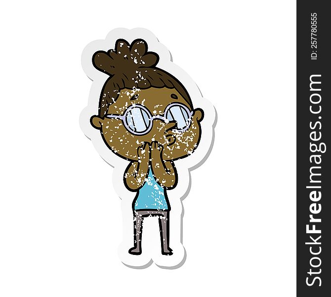 distressed sticker of a cartoon woman wearing glasses