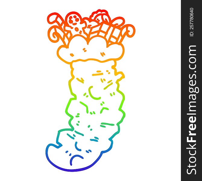 rainbow gradient line drawing of a cartoon christmas stocking stuffed with toys