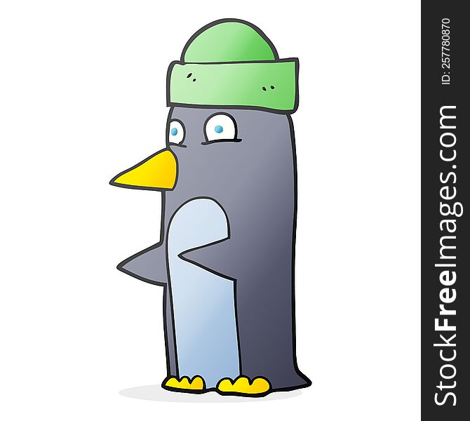 freehand drawn cartoon penguin wearing hat