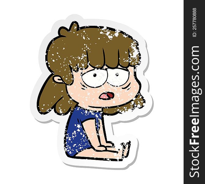 Distressed Sticker Of A Cartoon Tired Woman