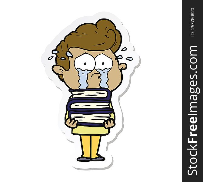 sticker of a cartoon crying student with stack of books