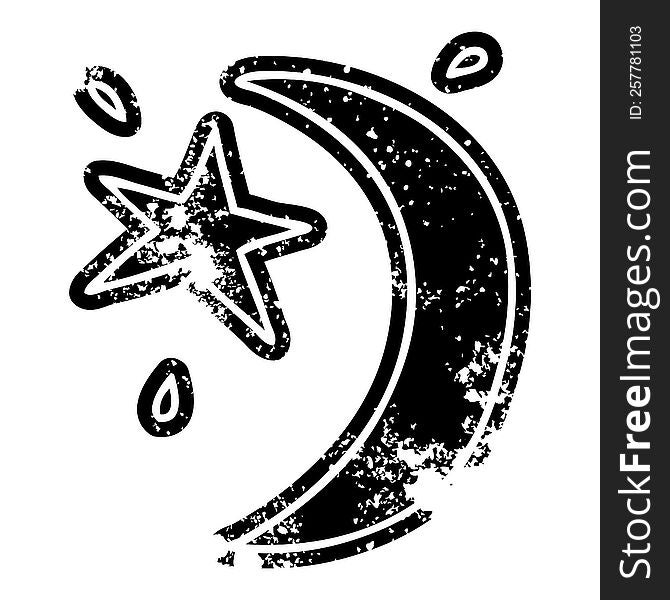 grunge distressed icon of the moon and a star. grunge distressed icon of the moon and a star
