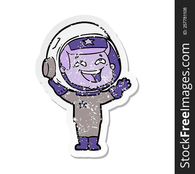 distressed sticker of a cartoon laughing astronaut