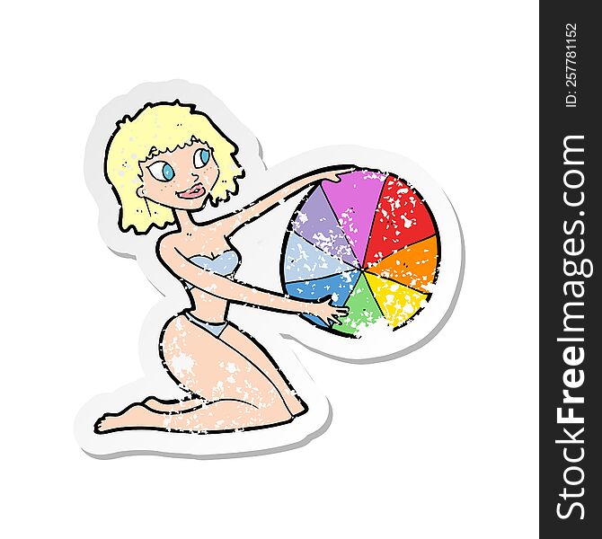 retro distressed sticker of a cartoon bikini girl with beach ball