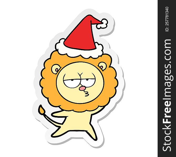 Sticker Cartoon Of A Bored Lion Wearing Santa Hat