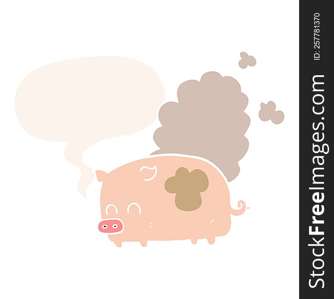 cartoon smelly pig with speech bubble in retro style