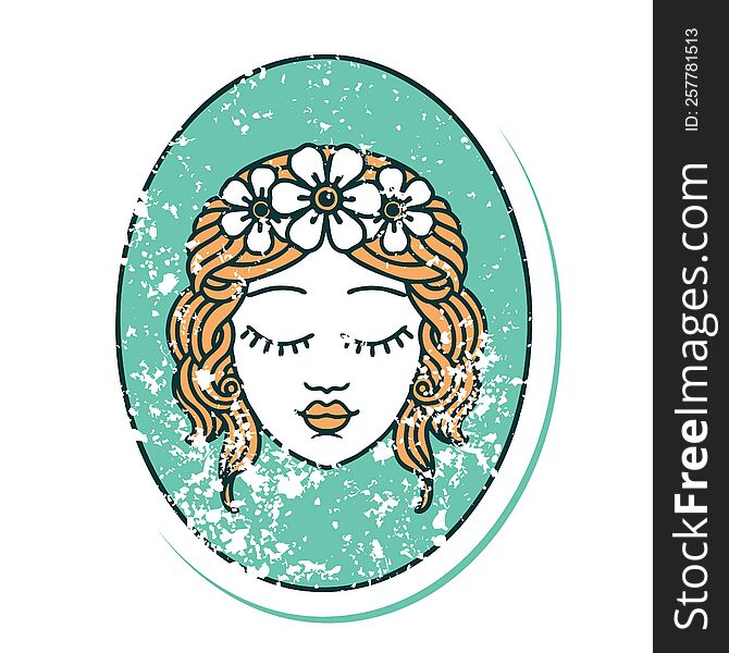 iconic distressed sticker tattoo style image of a maiden with eyes closed. iconic distressed sticker tattoo style image of a maiden with eyes closed