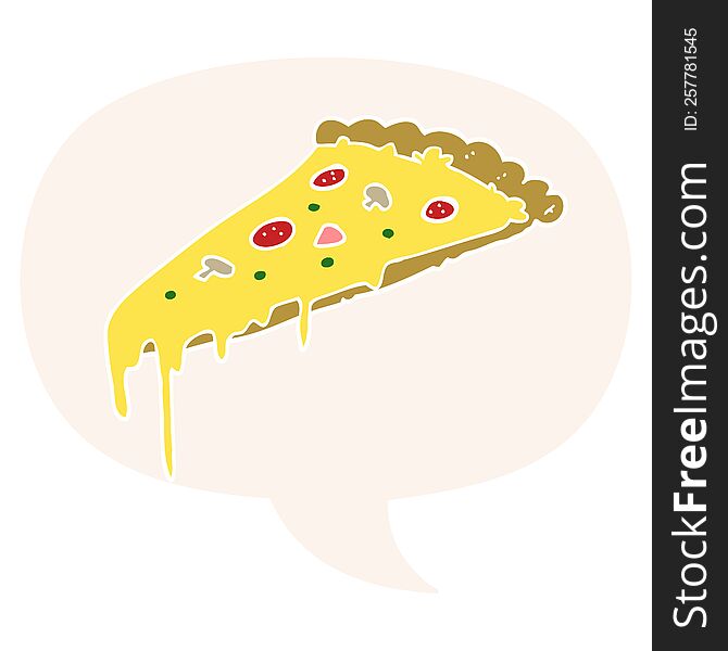 cartoon pizza slice with speech bubble in retro style