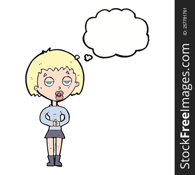 cartoon bored woman waiting with thought bubble