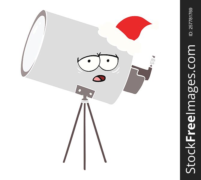 Flat Color Illustration Of A Bored Telescope With Face Wearing Santa Hat