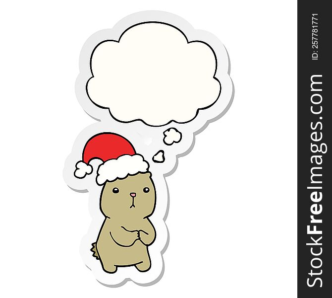 cartoon christmas bear worrying and thought bubble as a printed sticker