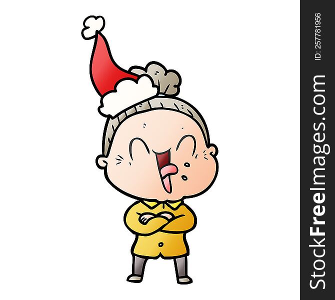 hand drawn gradient cartoon of a happy old woman wearing santa hat