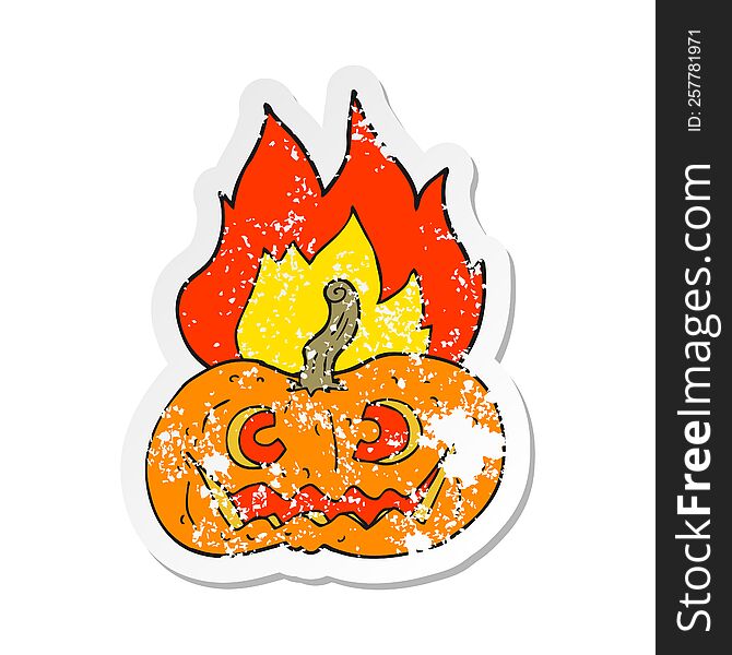 retro distressed sticker of a cartoon flaming halloween pumpkin