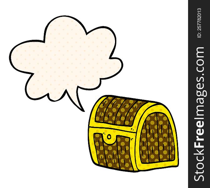 cartoon treasure chest with speech bubble in comic book style