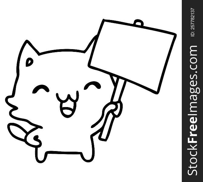 line doodle of a cat holding a placard. line doodle of a cat holding a placard