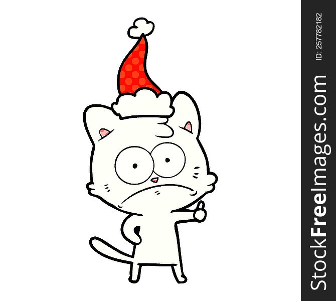 hand drawn comic book style illustration of a nervous cat wearing santa hat