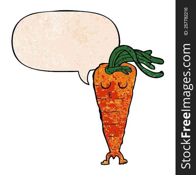cartoon carrot with speech bubble in retro texture style