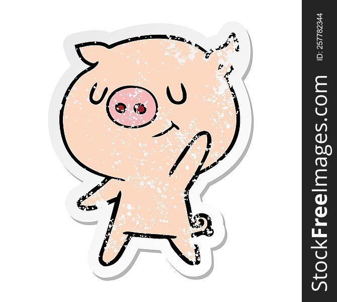 Distressed Sticker Of A Happy Cartoon Pig Waving