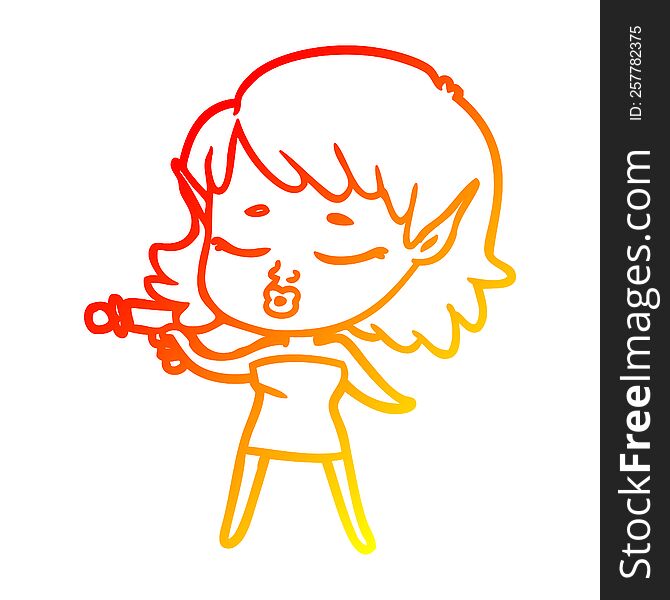 warm gradient line drawing pretty cartoon alien girl with ray gun