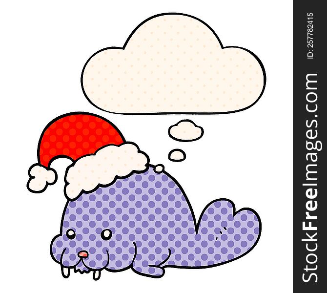 cartoon christmas walrus with thought bubble in comic book style