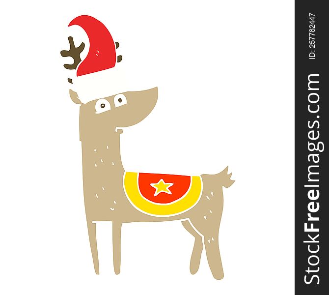flat color illustration of reindeer wearing christmas hat. flat color illustration of reindeer wearing christmas hat