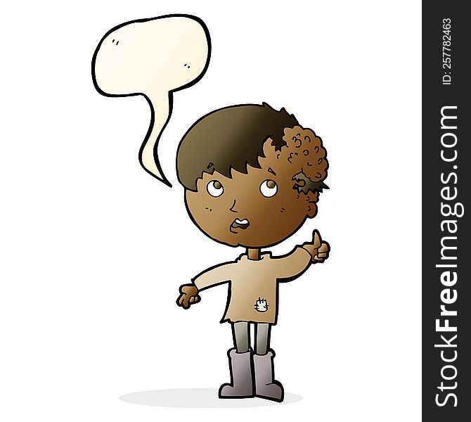 cartoon boy with growth on head with speech bubble