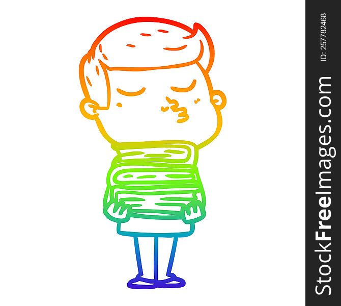 rainbow gradient line drawing of a cartoon model guy pouting holding books