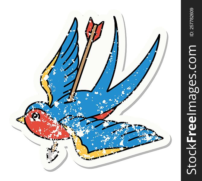 distressed sticker tattoo in traditional style of a swallow. distressed sticker tattoo in traditional style of a swallow