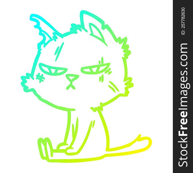 cold gradient line drawing of a tough cartoon cat sitting