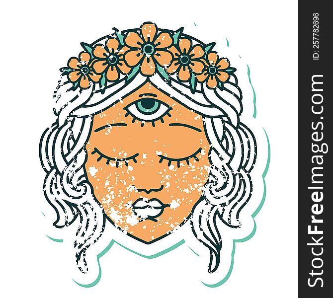 iconic distressed sticker tattoo style image of female face with third eye and crown of flowers. iconic distressed sticker tattoo style image of female face with third eye and crown of flowers