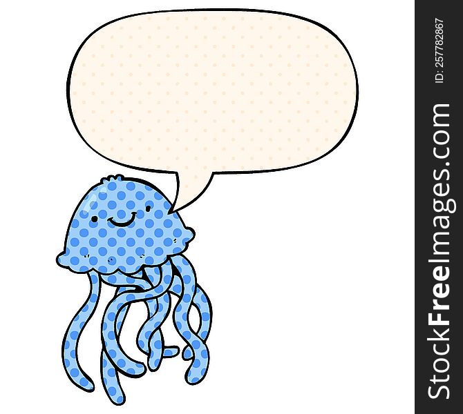Cartoon Happy Jellyfish And Speech Bubble In Comic Book Style