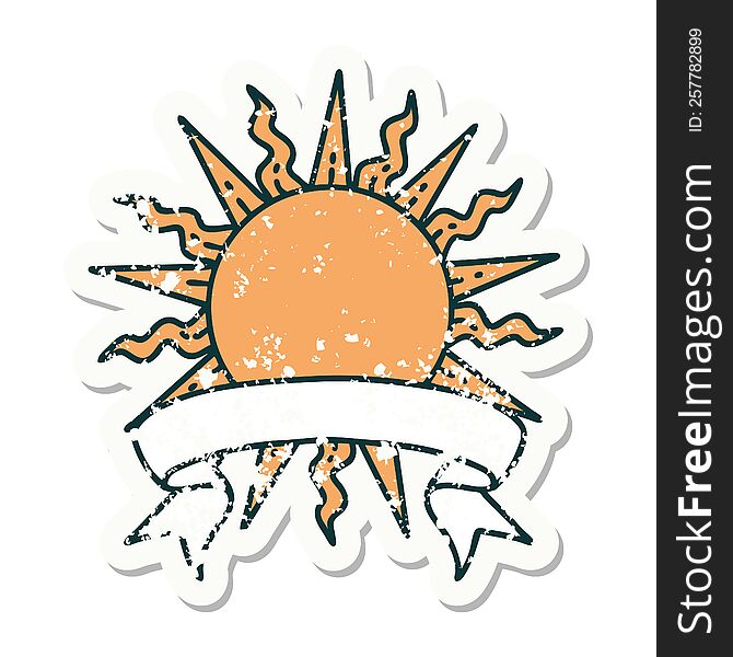 worn old sticker with banner of a sun. worn old sticker with banner of a sun