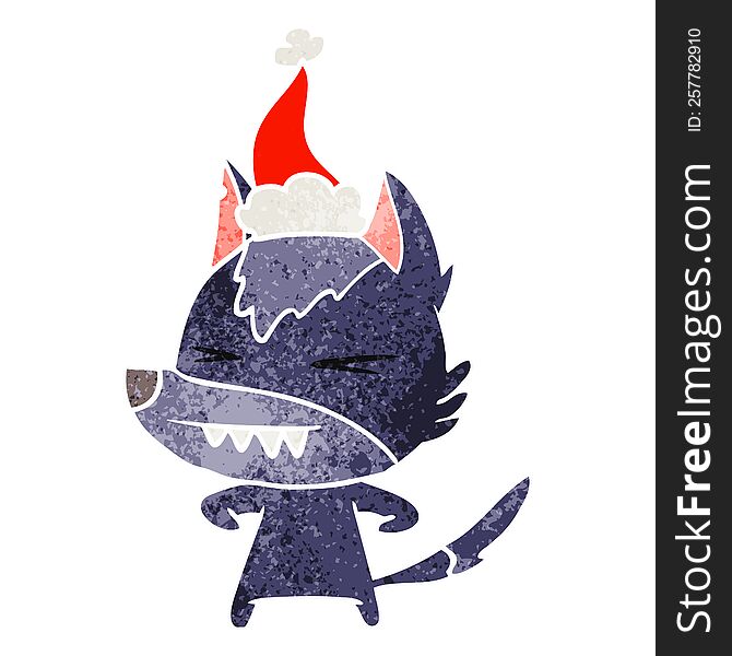 Angry Wolf Retro Cartoon Of A Wearing Santa Hat