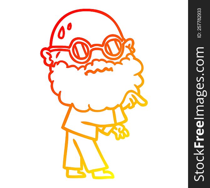 Warm Gradient Line Drawing Cartoon Worried Man With Beard And Spectacles Pointing Finger