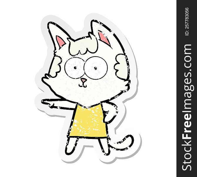 Distressed Sticker Of A Happy Cartoon Cat In Dress Pointing