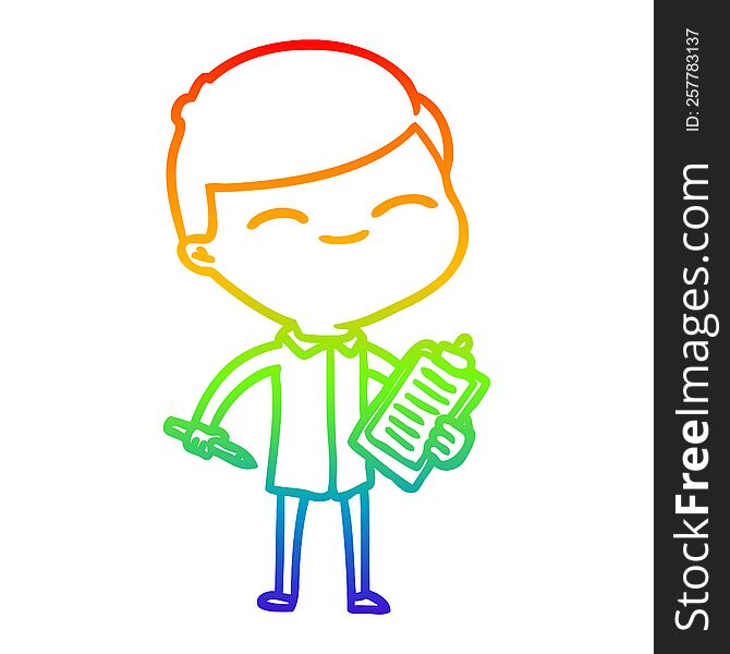 Rainbow Gradient Line Drawing Cartoon Smiling Man With Clip Board