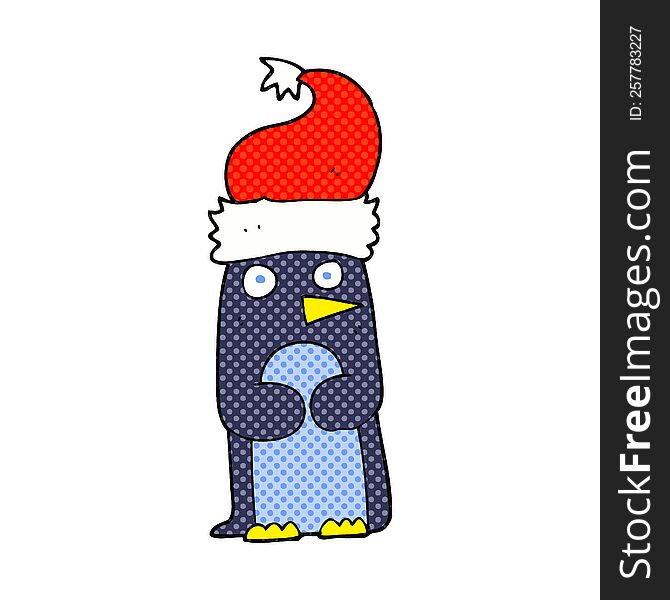 freehand drawn cartoon penguin in christmas hat