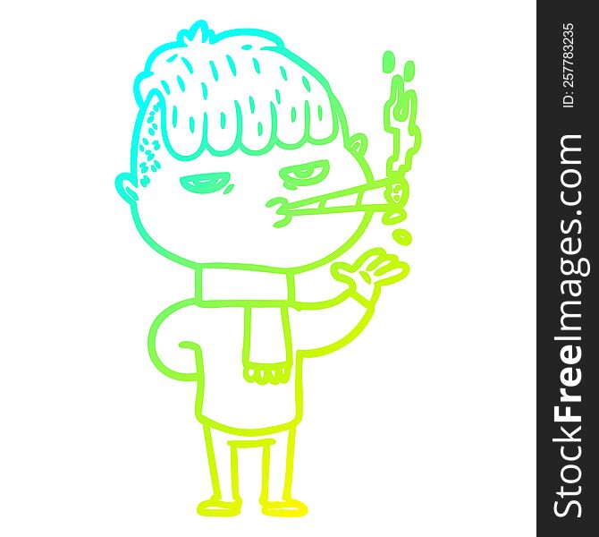 cold gradient line drawing of a cartoon man smoking