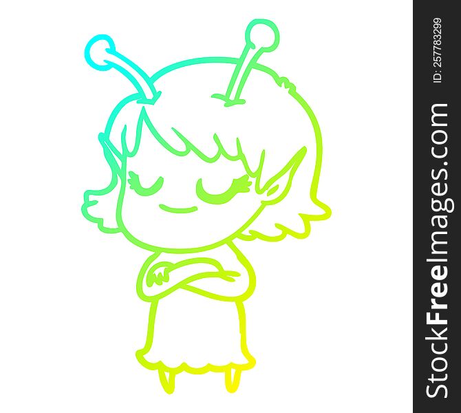 Cold Gradient Line Drawing Smiling Alien Girl Cartoon