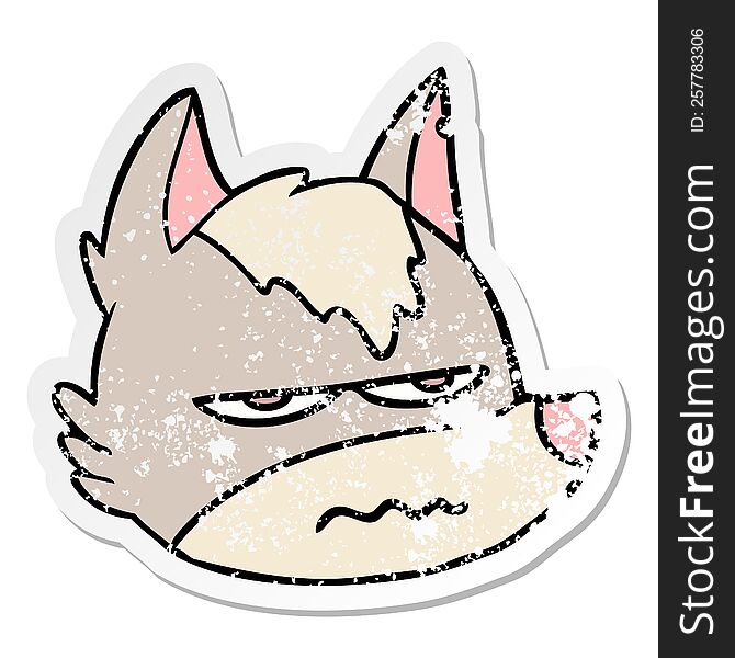distressed sticker of a cartoon annoyed wolf face