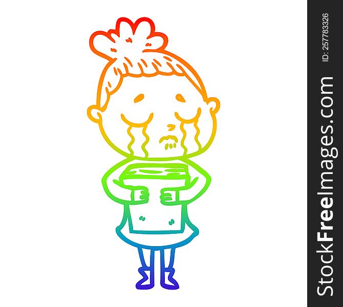 rainbow gradient line drawing of a cartoon crying woman holding book