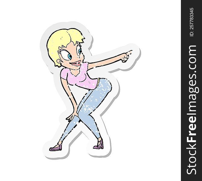 Retro Distressed Sticker Of A Cartoon Pretty Woman Pointing