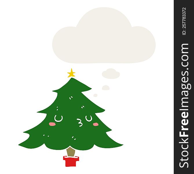 Cute Cartoon Christmas Tree And Thought Bubble In Retro Style