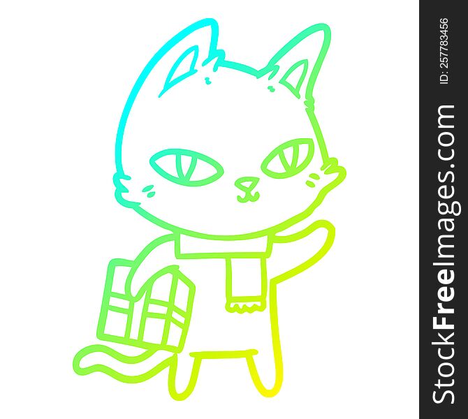 cold gradient line drawing cartoon cat with gift