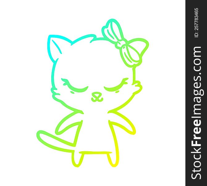 Cold Gradient Line Drawing Cute Cartoon Cat With Bow