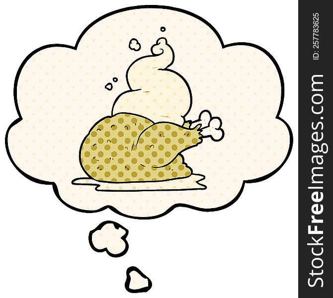 cartoon cooked chicken with thought bubble in comic book style