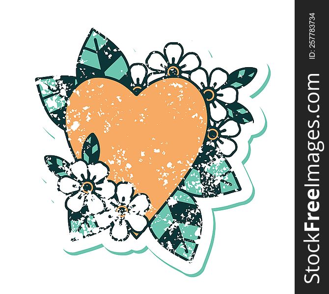 distressed sticker tattoo style icon of a botanical heart