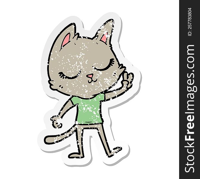 distressed sticker of a calm cartoon cat giving peace sign