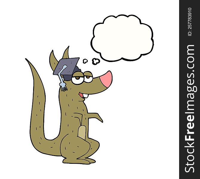 freehand drawn thought bubble cartoon kangaroo with graduation cap