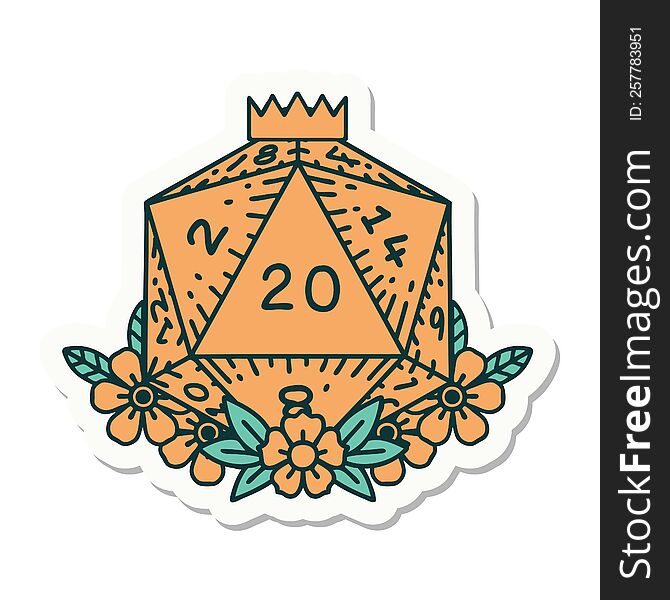 Natural 20 D20 Dice Roll With Floral Elements Sticker